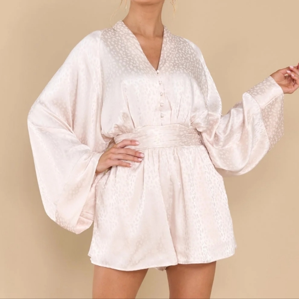 Dress Forum Satin Blush Ivory Romper with Wide Kimono Sleeves